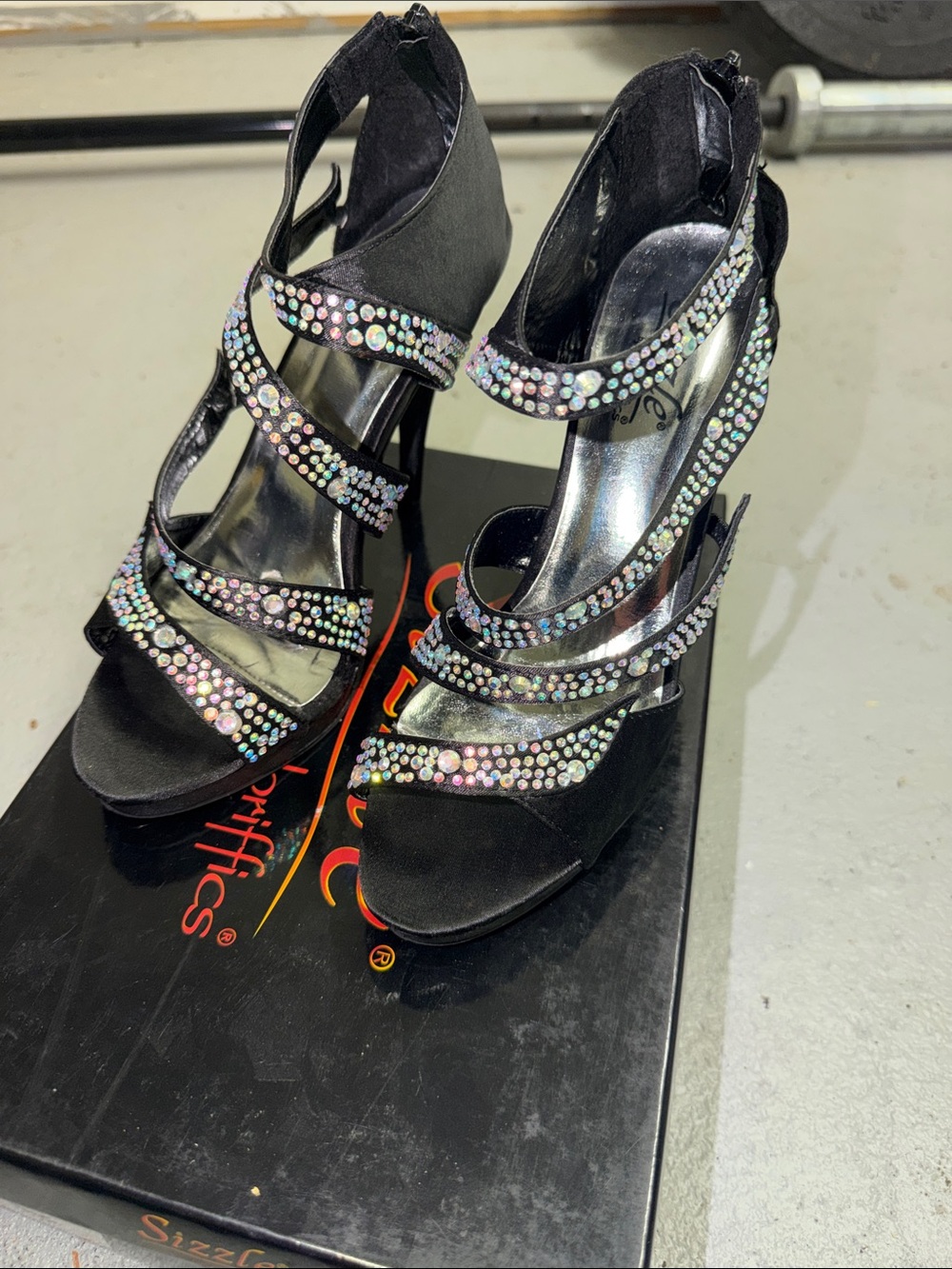 Black Strappy Heels with Iridescent Crystal Accents